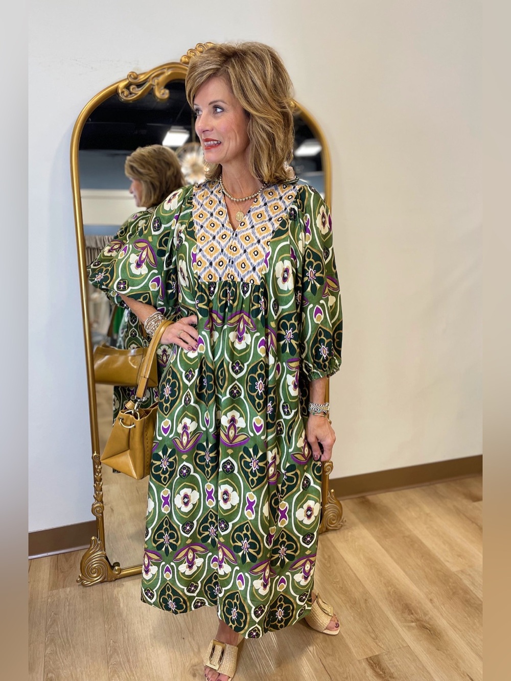 Umgee Abstract Bloom Midi Dress V-Neck Green Rayon Floral Brown Boho Fall Large